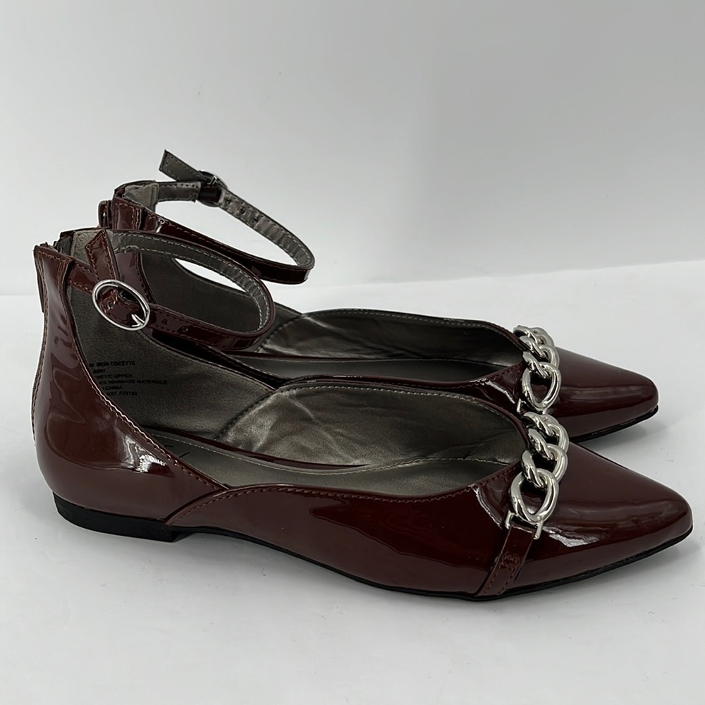 Worthington Cozette Pointed Toe  Ballet Flats Ankle Strap Patent Brown Chain 7
